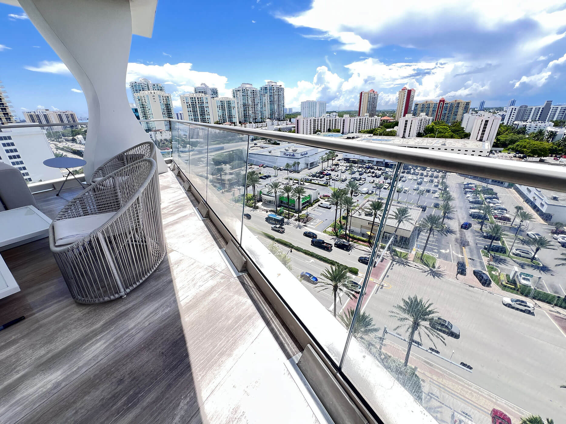 Luxury balcony with pristine glass railing